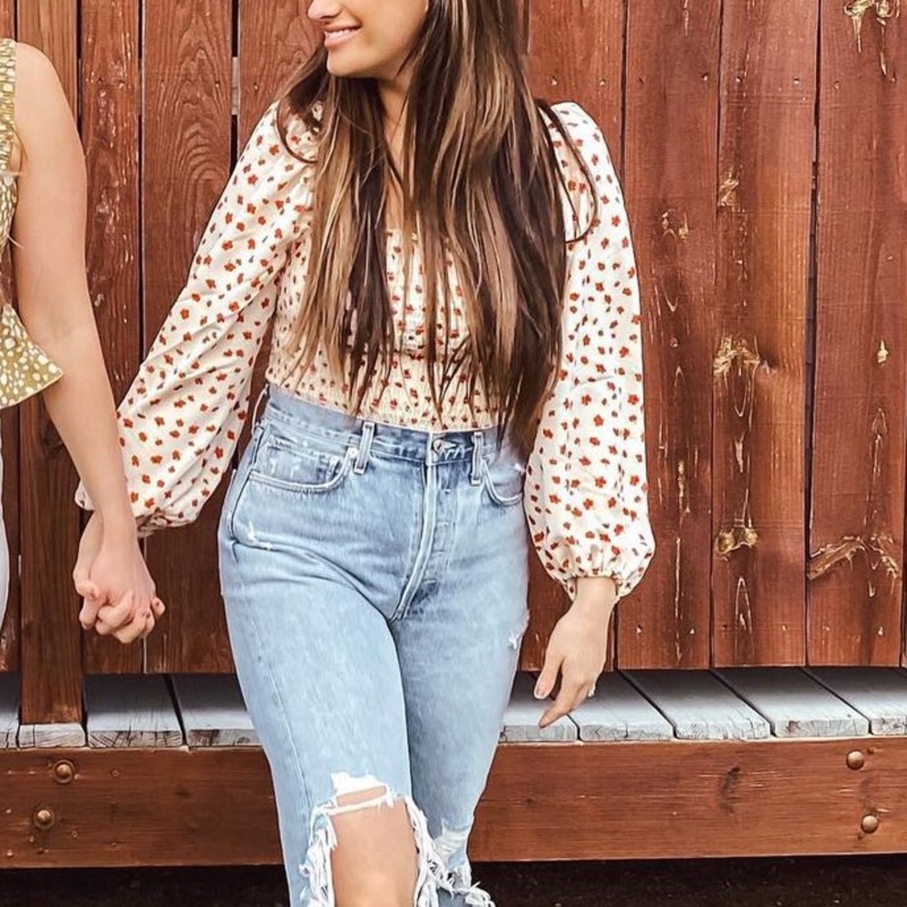 Show Me Your MuMu Cream Floral Puff-Sleeve Mindy Top